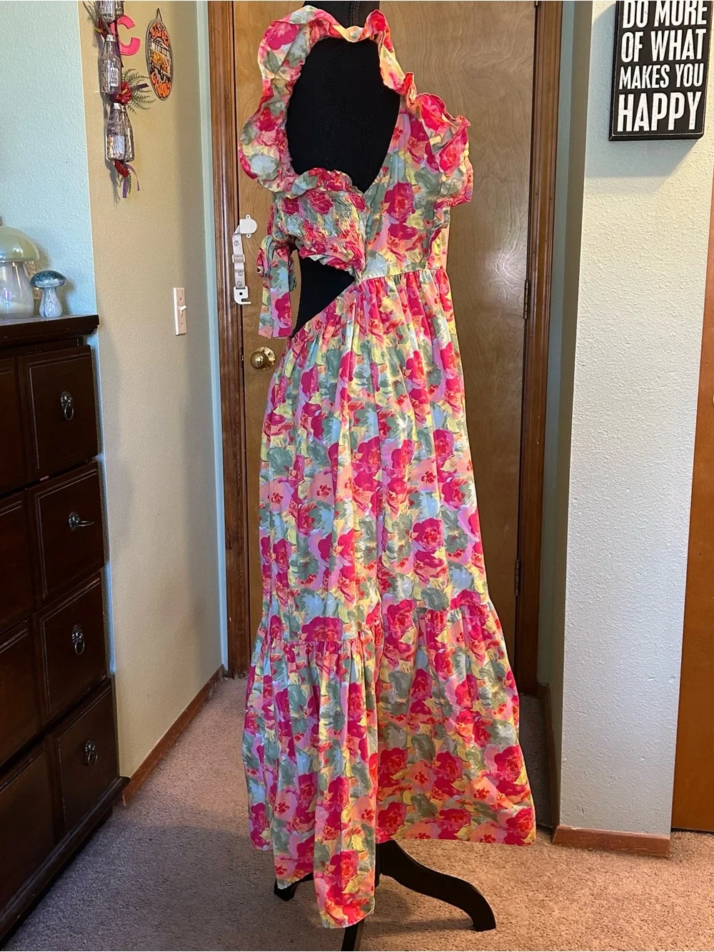 Peyton & Parker pink floral tiered maxi dress tie back design open back ruffle L - Picture 2 of 10
